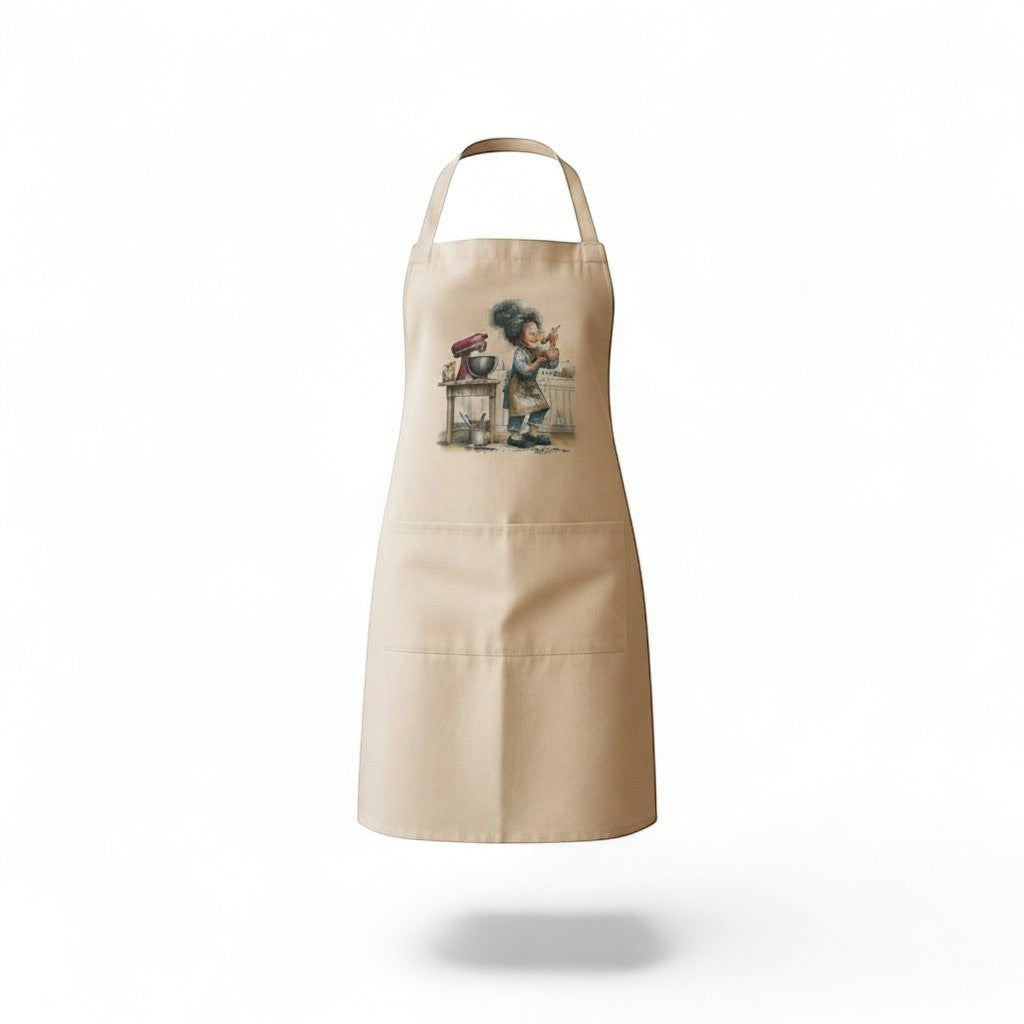 Illustrated Solutions Store beige cotton apron with a whimsical baking illustration and two front pockets.