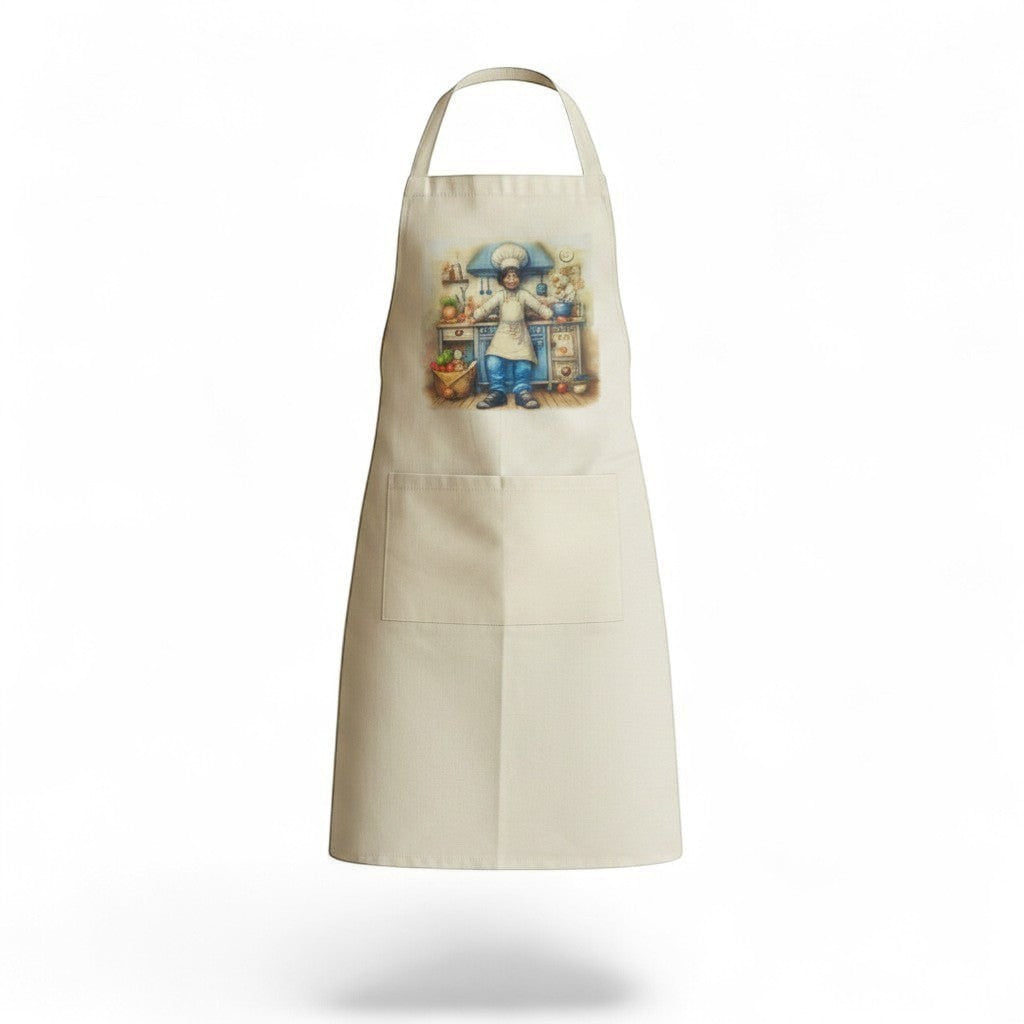 Illustrated Solutions Store cream cotton apron with a baking design featuring a chef in a kitchen setting.