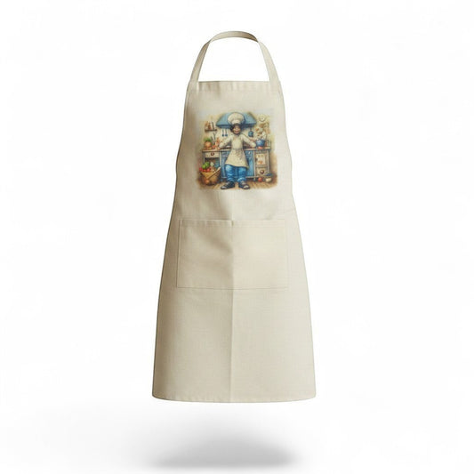 Illustrated Solutions Store cream cotton apron with a baking design featuring a chef in a kitchen setting.