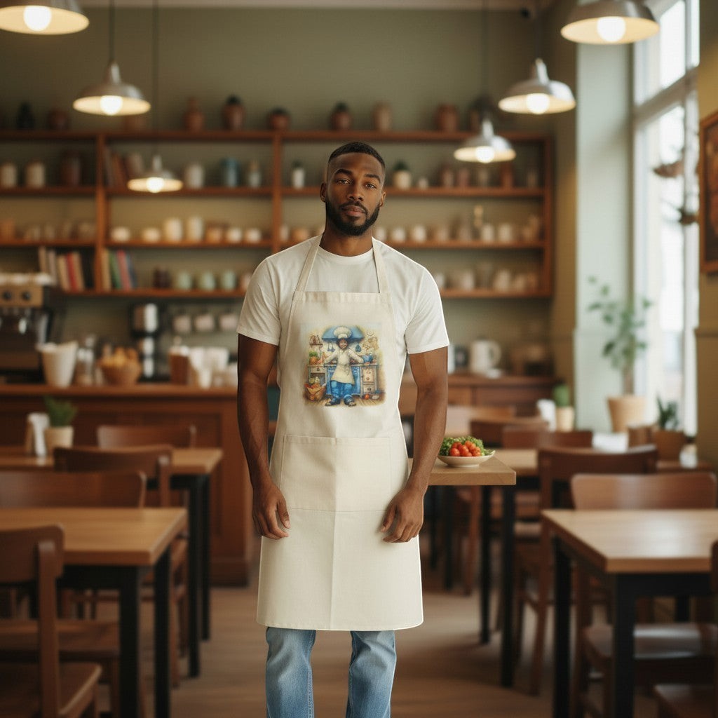 Illustrated Solutions Store cream cotton apron with a baking design, featuring a chef in a kitchen setting. Two front pockets.