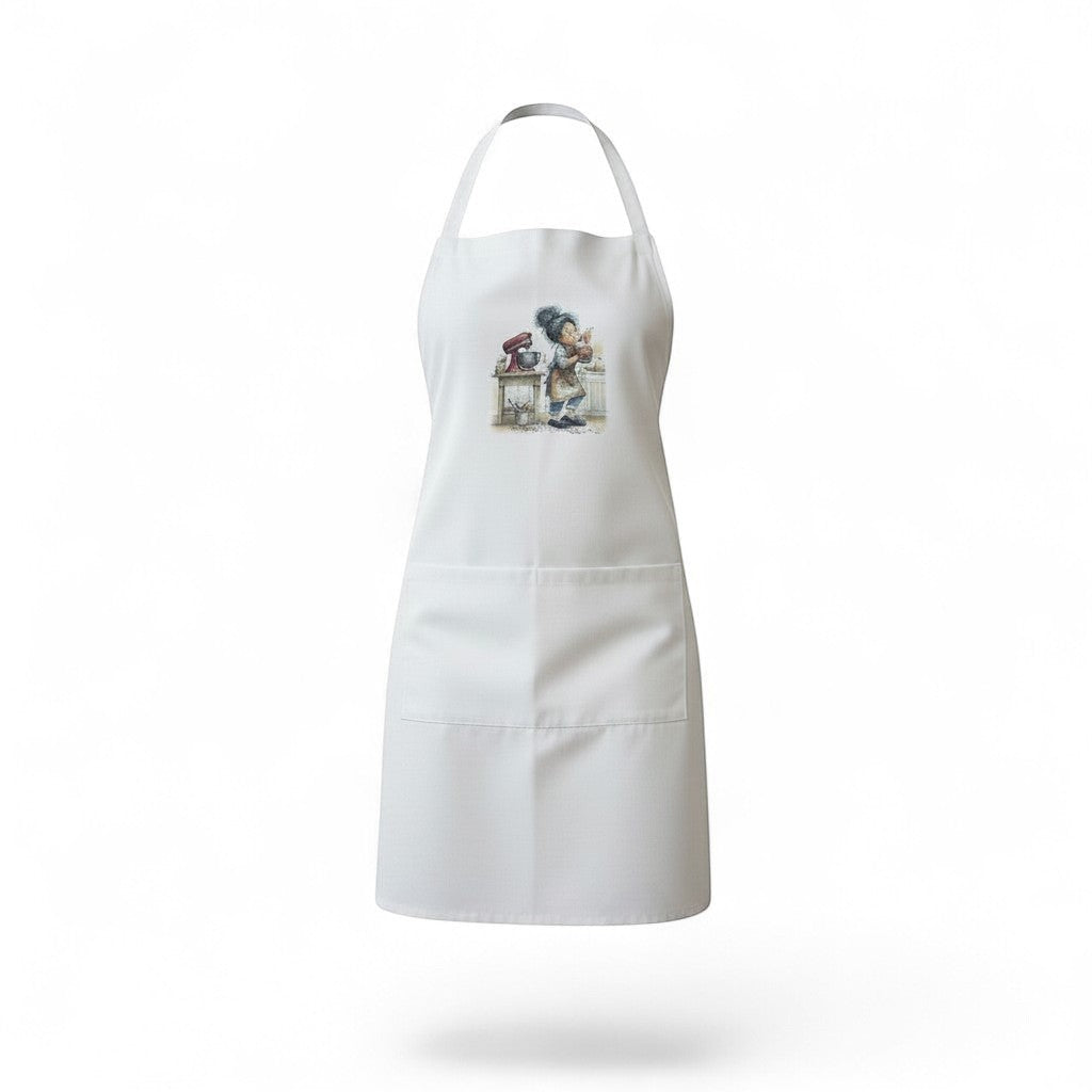Illustrated Solutions Store white cotton apron with a charming baking illustration and two front pockets.