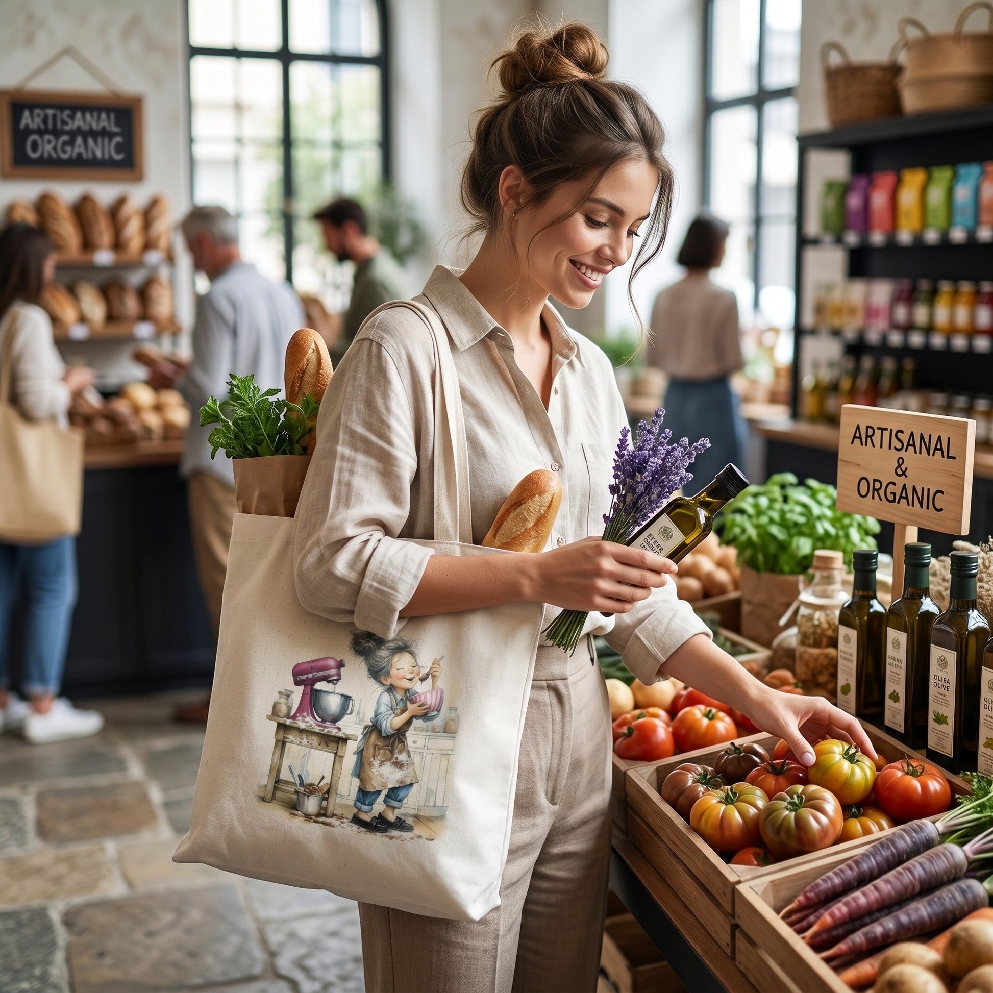 Illustrated Solutions Store reusable tote bag featuring a cute baking character illustration in a grocery shop