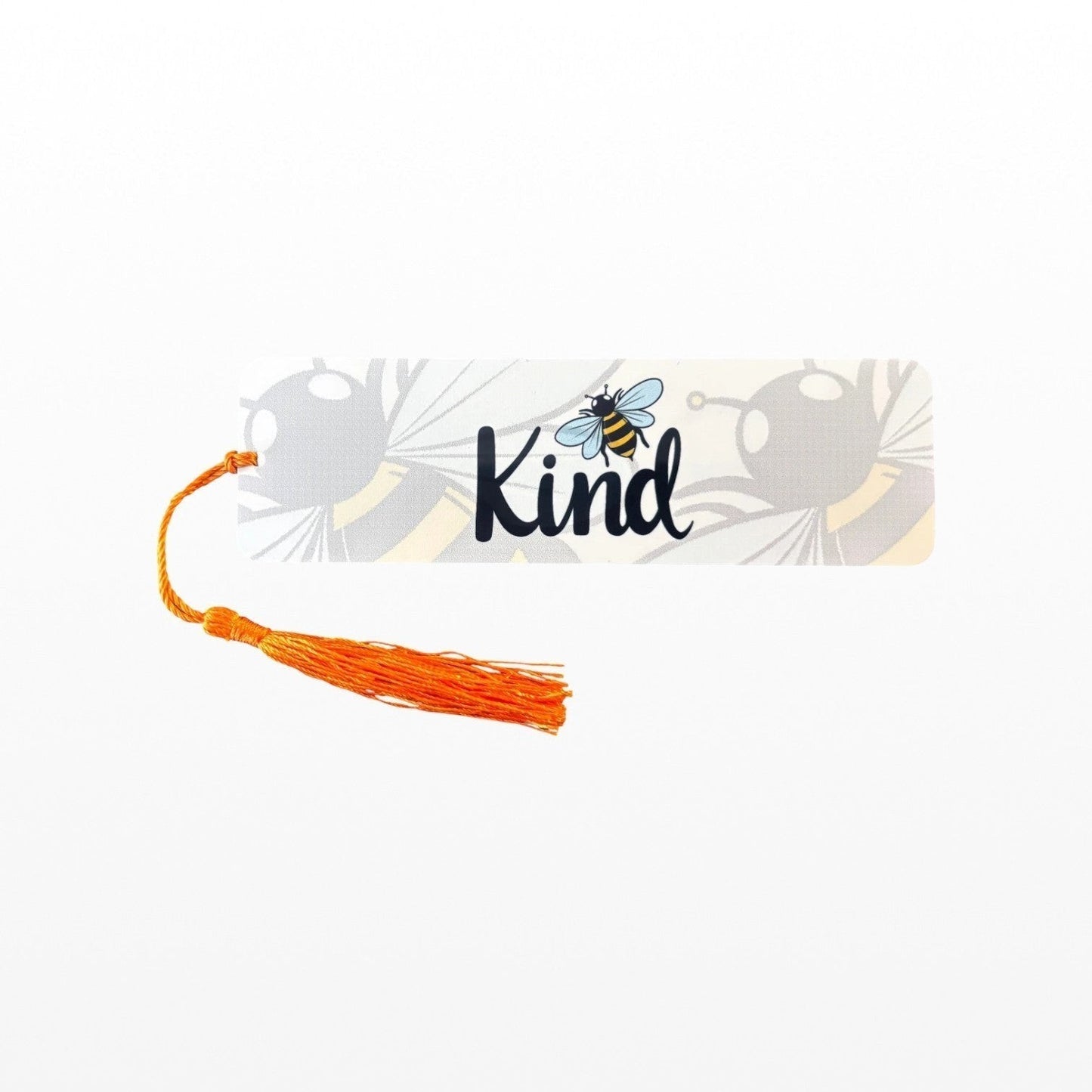 Illustrated Solutions Store metal bookmark with Bee Kind text, bumblebee illustration, and orange tassel.