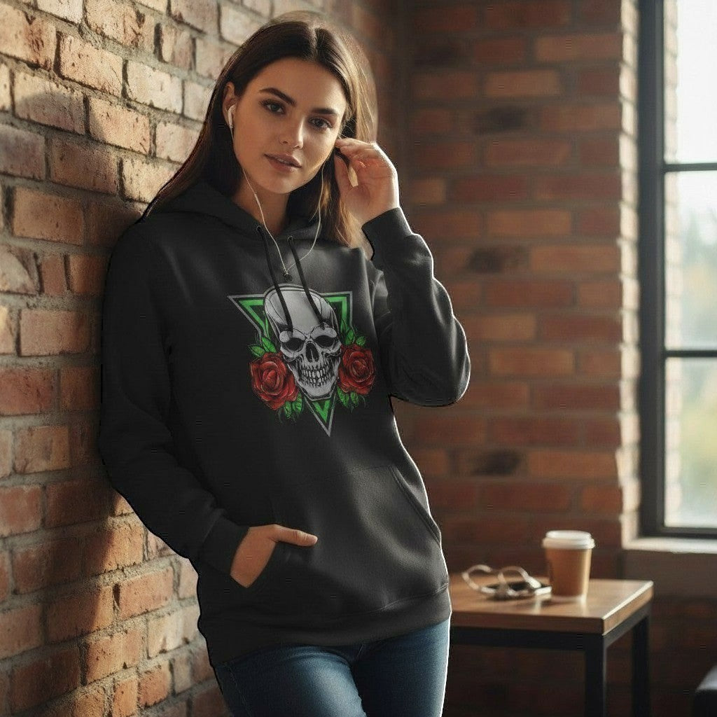 Illustrated Solutions Store black unisex hoodie with a graphic skull and red roses inside a green triangle.