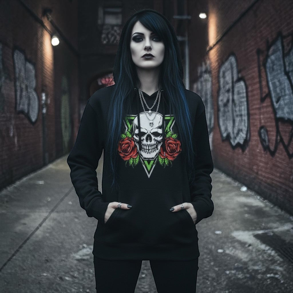 Illustrated Solutions Store black unisex hoodie with a skull and red roses graphic design on a green triangle.