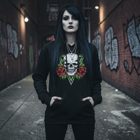 Illustrated Solutions Store black unisex hoodie with a skull and red roses graphic design on a green triangle.