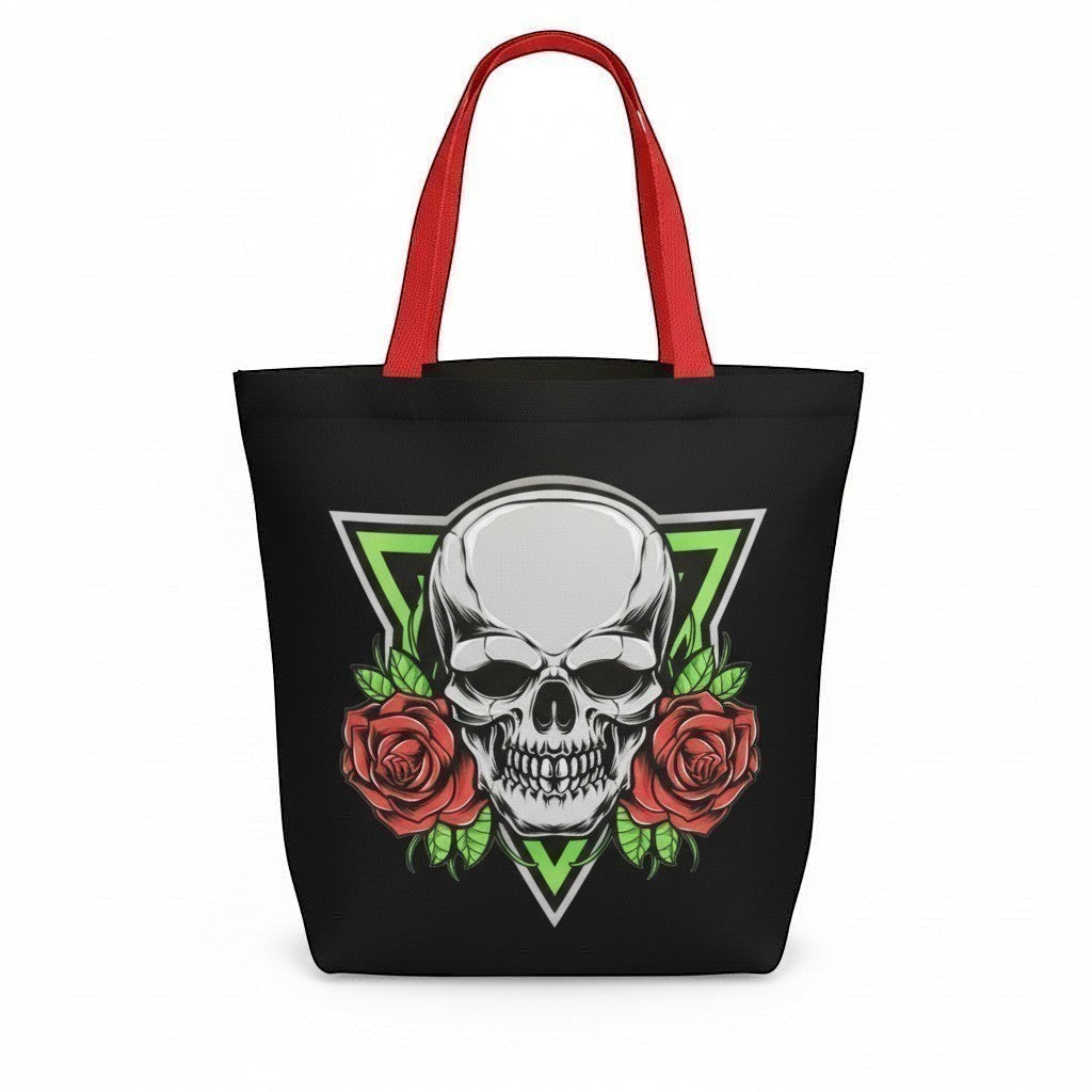 Skull and roses design on a black red handled tote bag