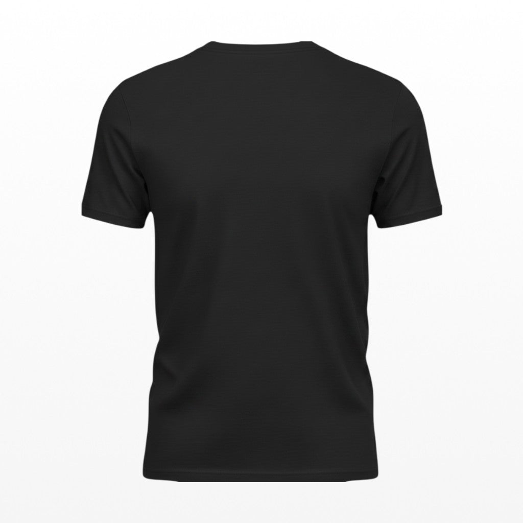 Illustrated Solutions Store plain black unisex t-shirt, back view, showing a simple crew neck design.