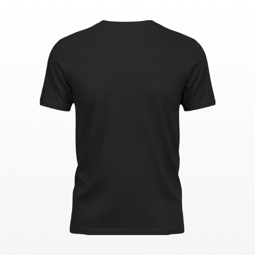 Illustrated Solutions Store plain black unisex t-shirt, back view, soft cotton fabric, casual fit.