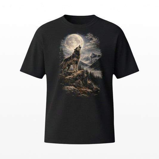 Illustrated Solutions Store black t-shirt featuring a detailed graphic of a wolf howling at a full moon in mountains