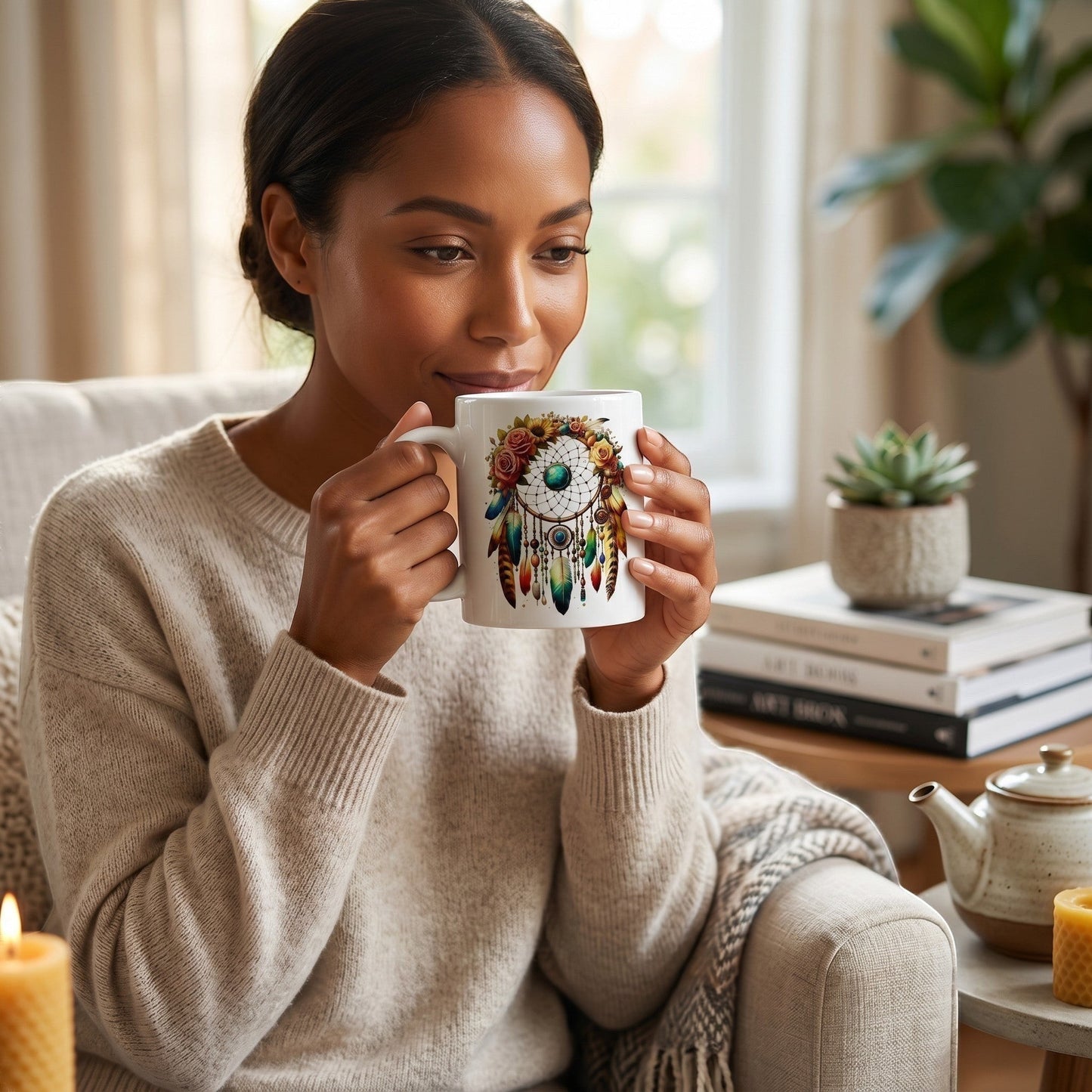 Woman holding an Illustrated Solutions Store 11oz ceramic mug with a turquoise floral dreamcatcher design.