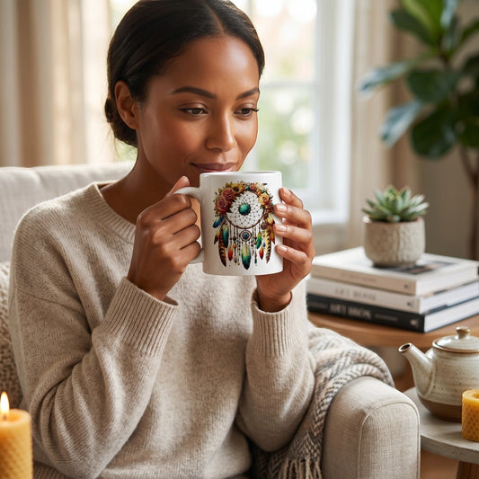 Woman holding an Illustrated Solutions Store 11oz ceramic mug with a turquoise floral dreamcatcher design.