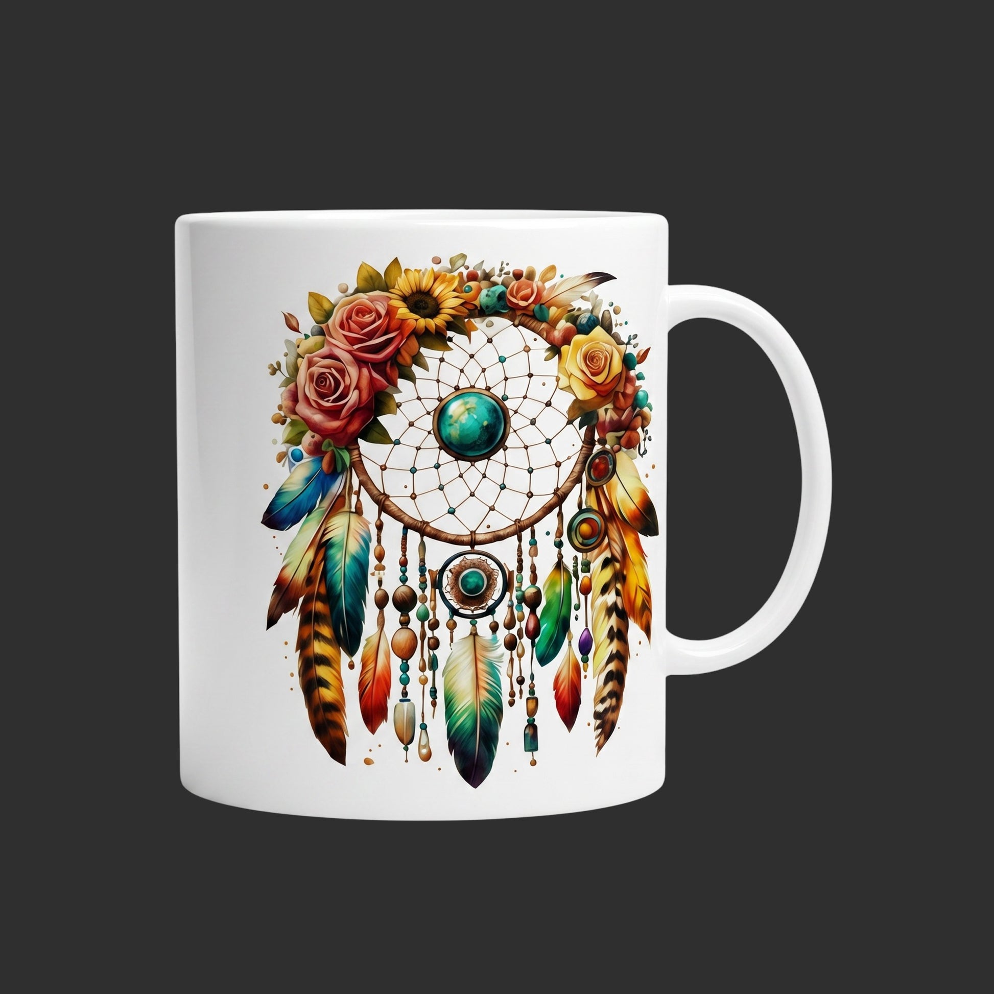 Illustrated Solutions Store 11oz ceramic mug with a boho floral dreamcatcher design, turquoise centre, and roses. Dark grey background. 