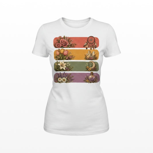 Illustrated Solutions Store white t-shirt with retro boho floral stripe design featuring flowers, dreamcatcher, crystals, moon, and potion bottle.