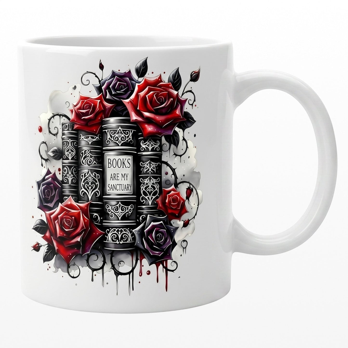 Illustrated Solutions Store ceramic mug featuring black books and red roses with Books Are My Sanctuary text design.