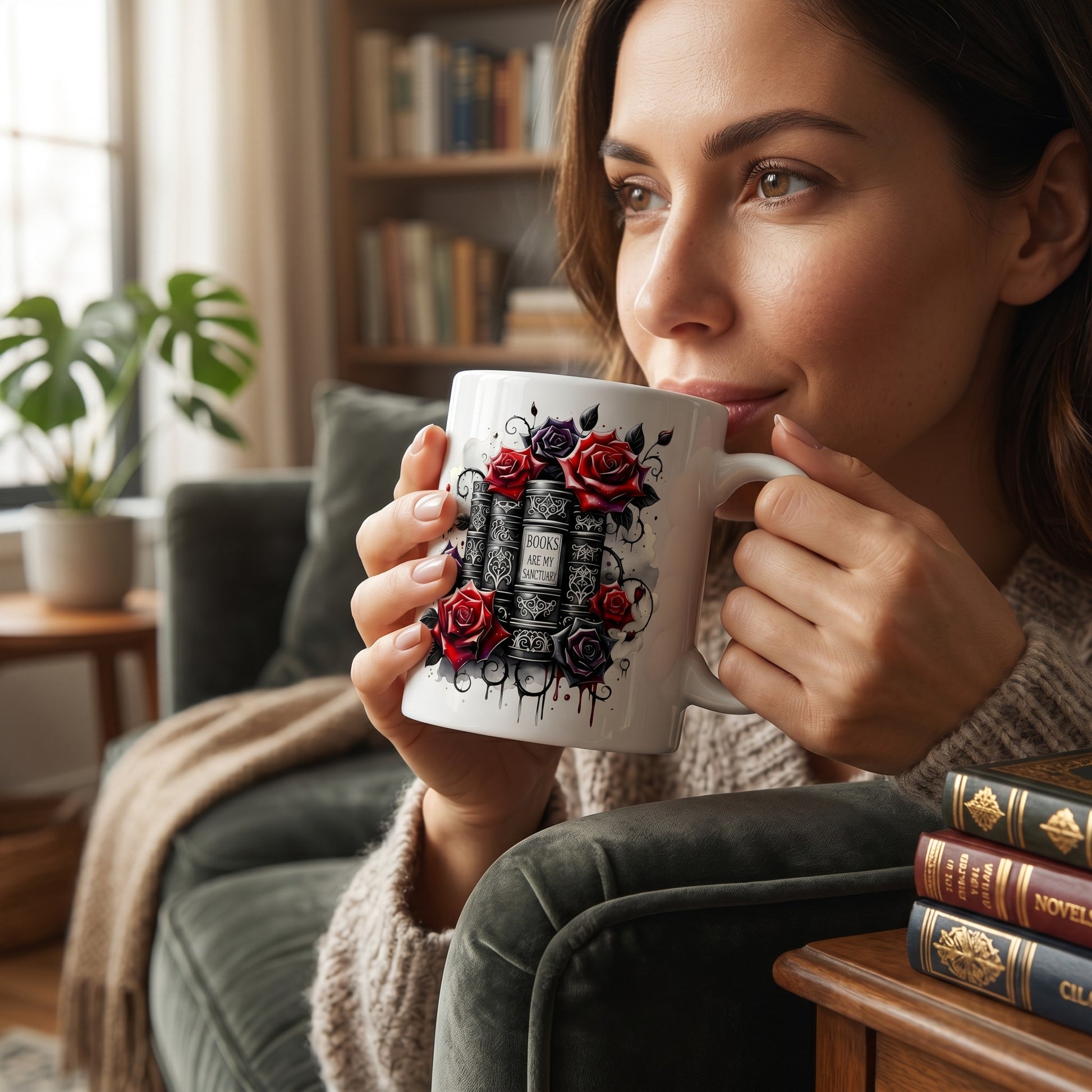 Illustrated Solutions Store ceramic mug with Books Are My Sanctuary art, held by a woman in a cozy reading nook.