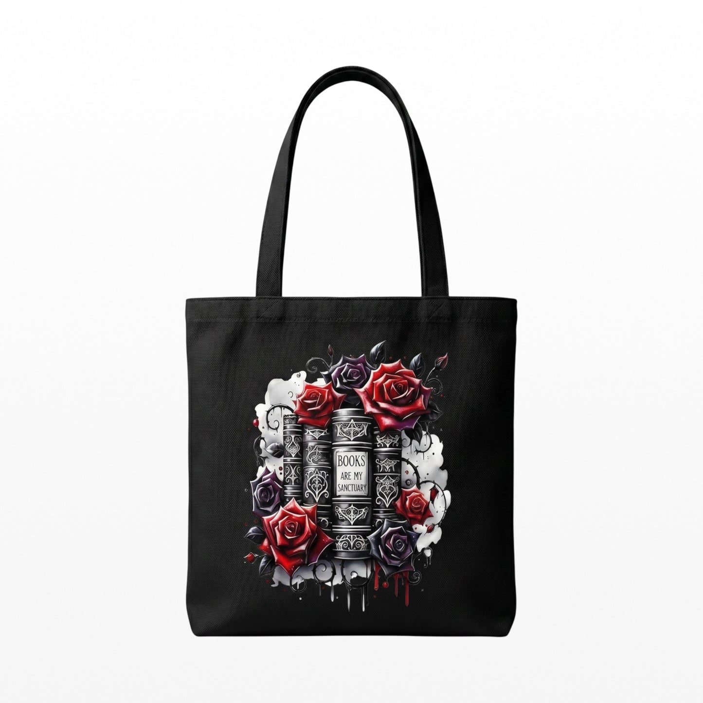 Illustrated Solutions Store black canvas tote bag featuring a Books Are My Sanctuary design with red and black roses.