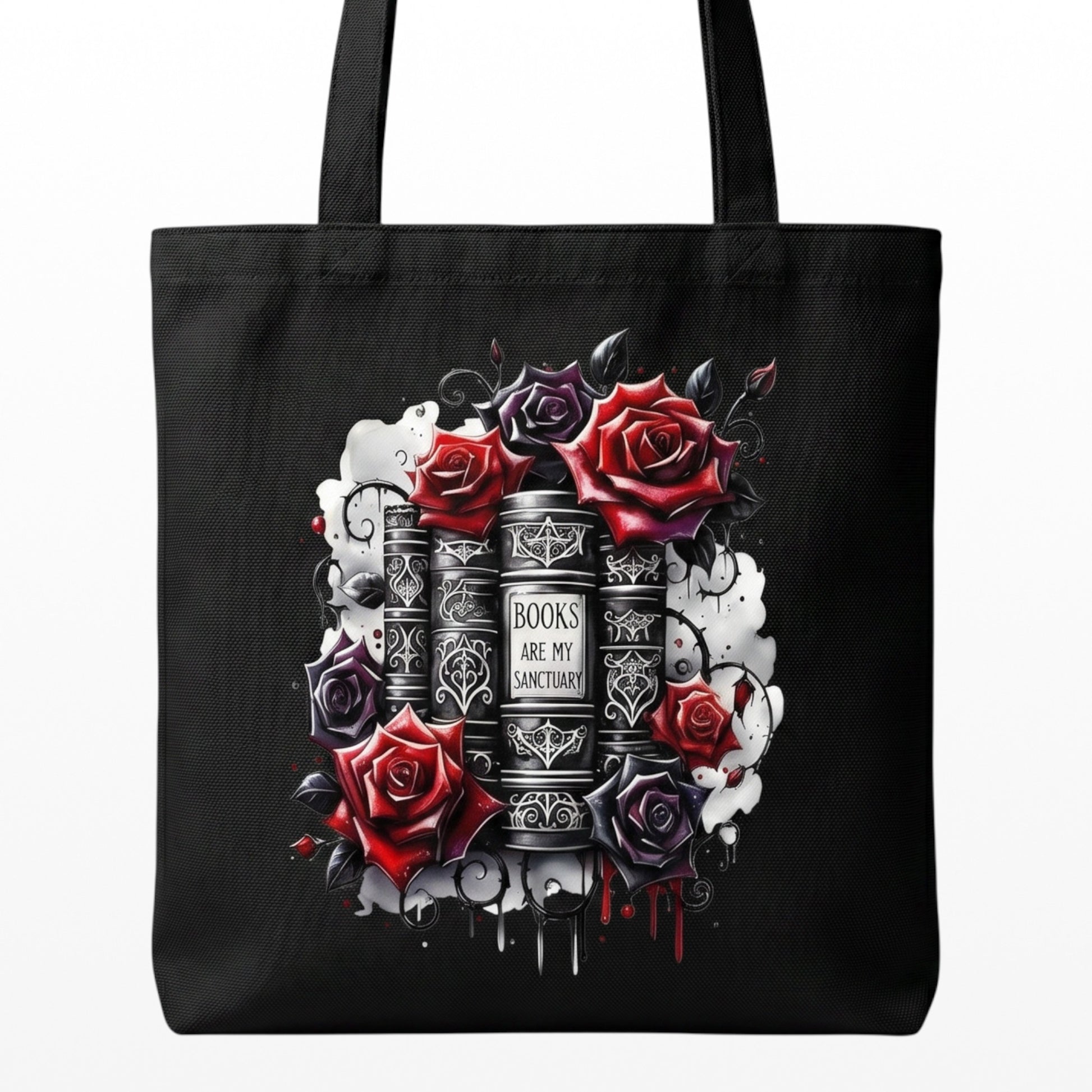 Illustrated Solutions Store black canvas tote bag featuring gothic books and red roses with Books Are My Sanctuary text