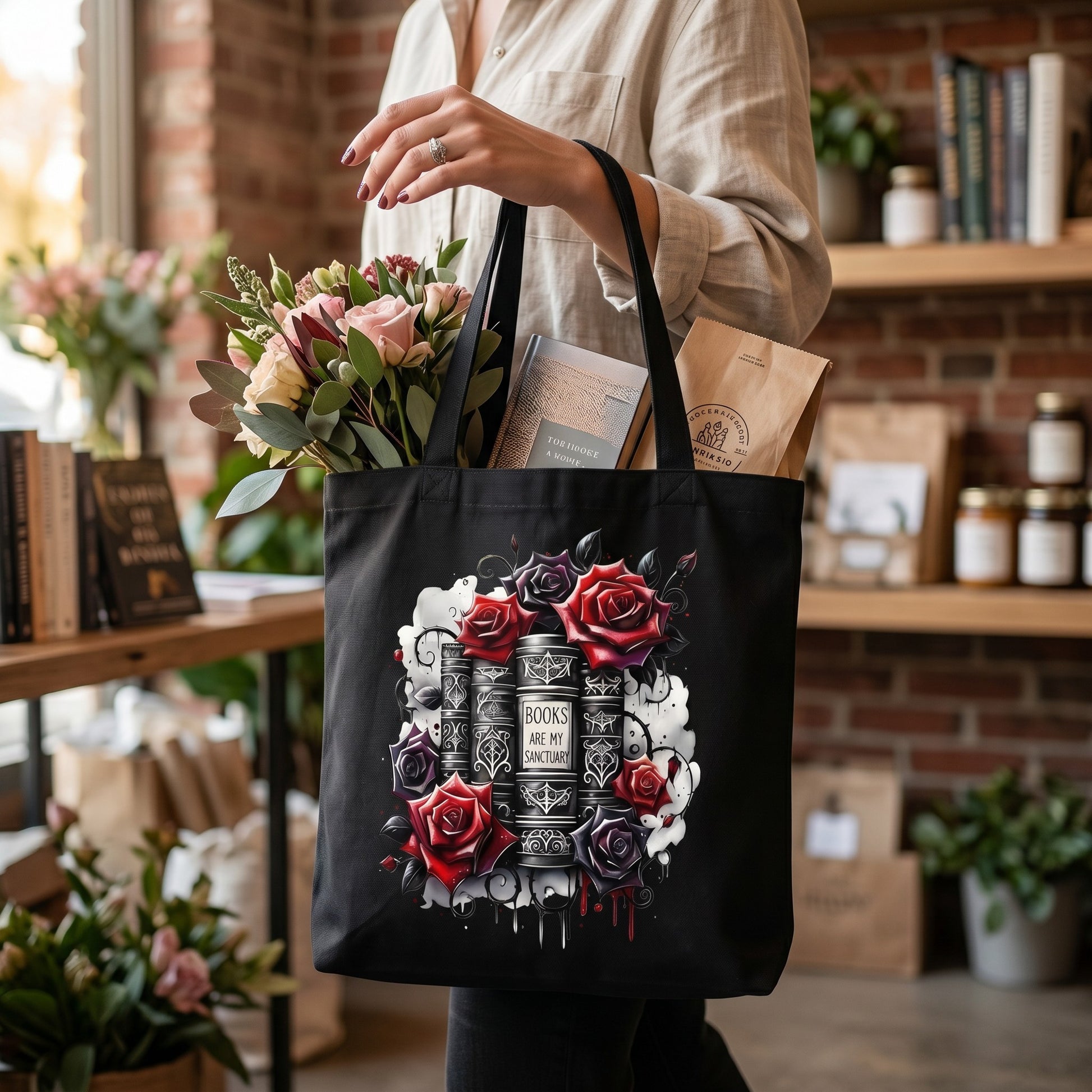 Illustrated Solutions Store black canvas tote bag featuring a gothic book and red rose illustration for book lovers.