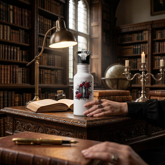 Illustrated Solutions Store white aluminium water bottle with book and rose graphic on a library desk.