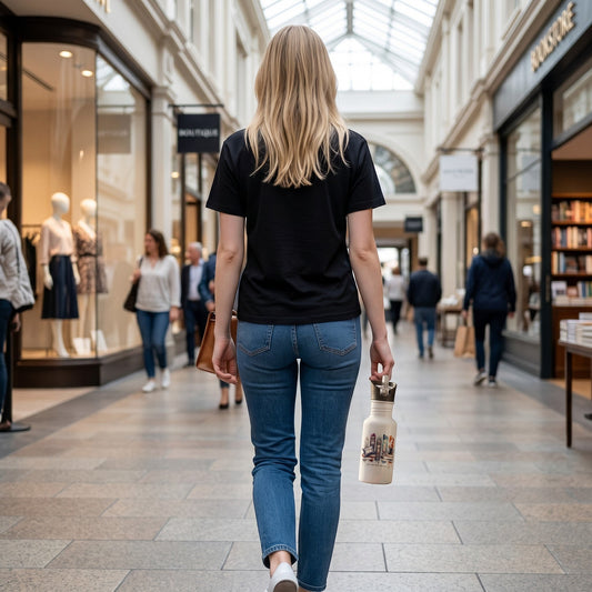 Illustrated Solutions Store 600ml aluminium water bottle with book theme held by a woman walking in a shopping arcade