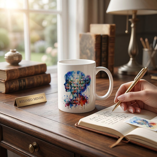 Illustrated Solutions Store white ceramic mug featuring a watercolor silhouette of a woman filled with bookshelves.