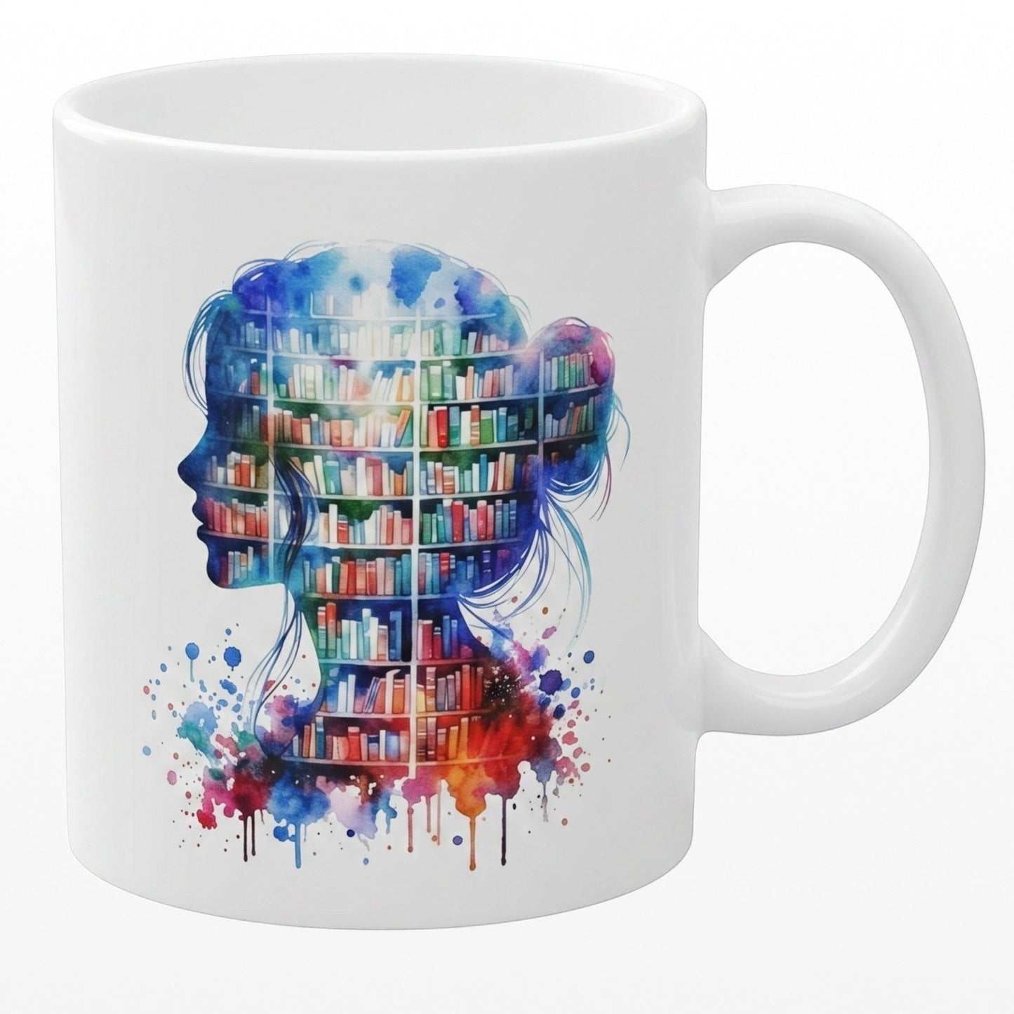 Illustrated Solutions Store white ceramic mug featuring a watercolor silhouette of a woman filled with bookshelves. Large view