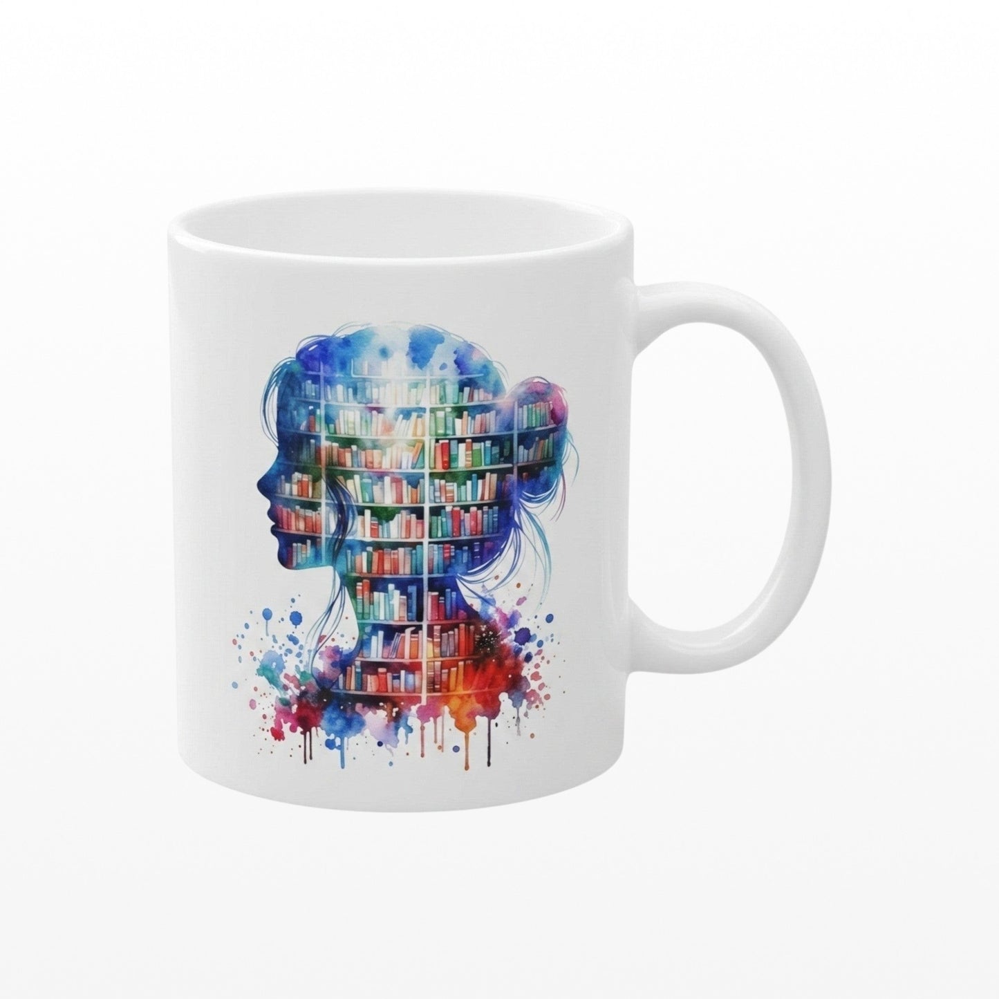 Illustrated Solutions Store white ceramic mug featuring a watercolor silhouette of a woman filled with bookshelves.
