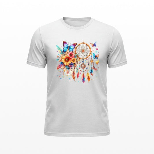 Illustrated Solutions Store white t-shirt with watercolour dreamcatcher, butterflies, flowers and feathers.