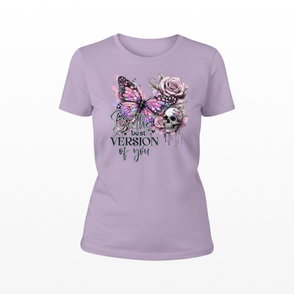 Illustrated Solutions Store lavender t-shirt with butterfly, roses, and skull graphic and