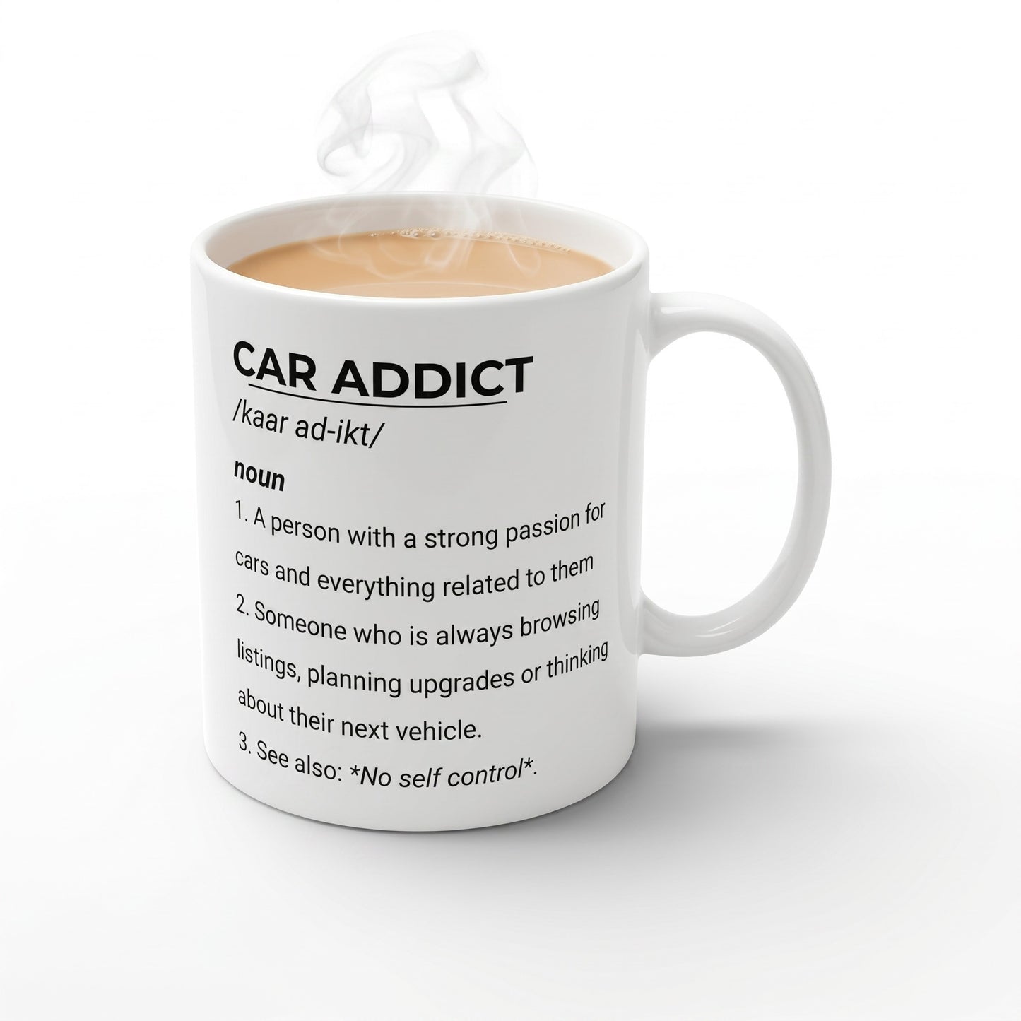 Illustrated Solutions Store white ceramic mug featuring a humorous Car Addict dictionary definition print
