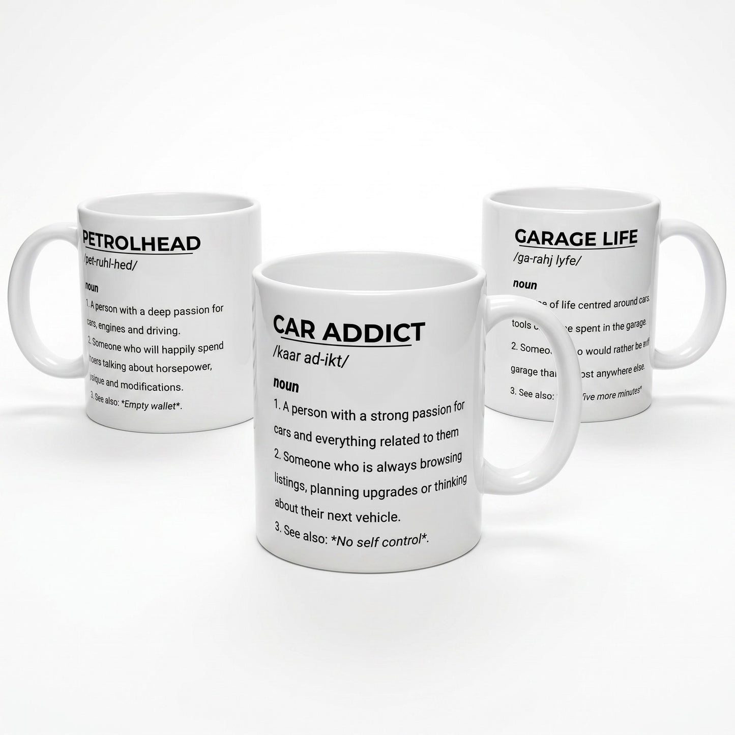 Illustrated Solutions Store ceramic mugs featuring dictionary definitions for Car Addict, Petrolhead, and Garage Life.
