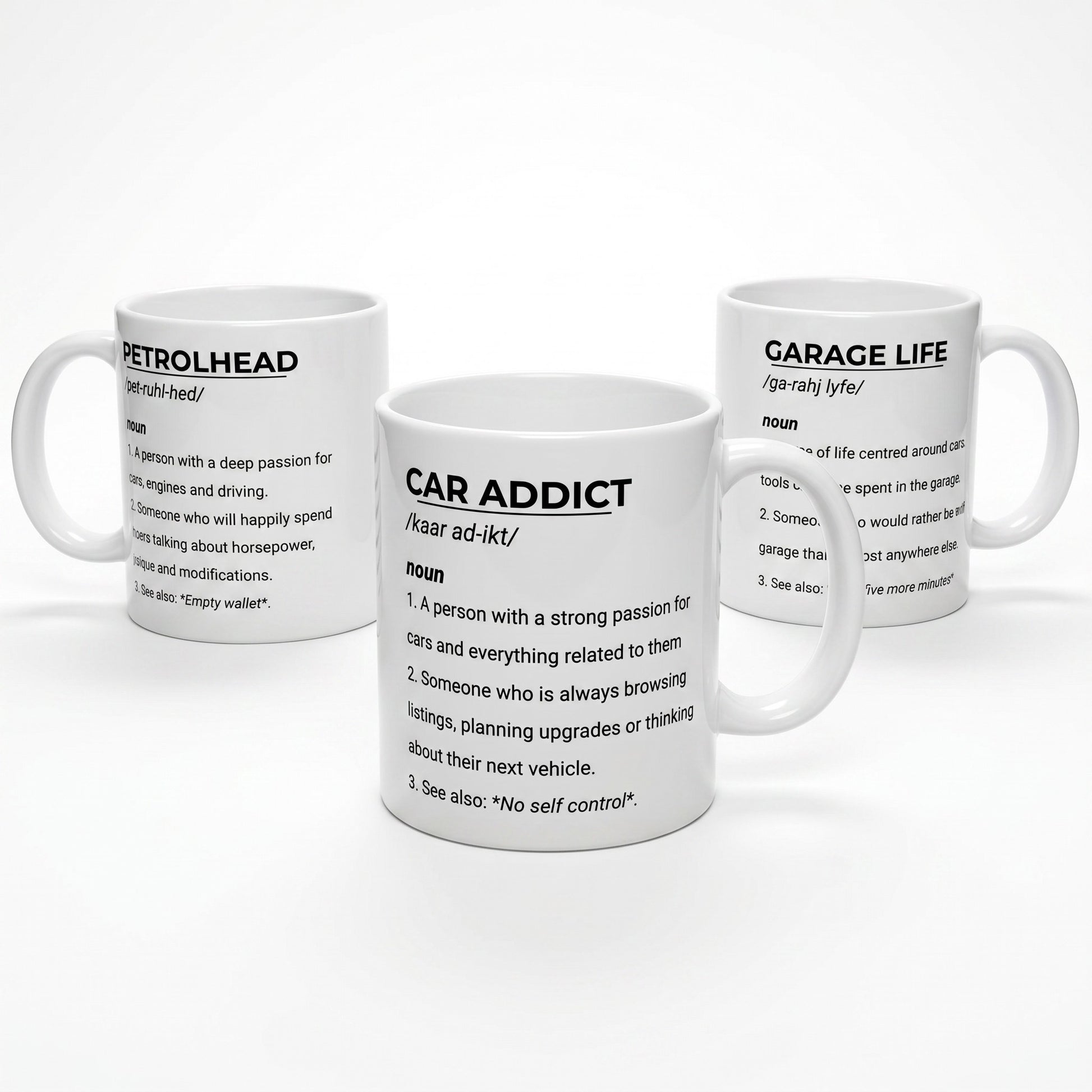 Illustrated Solutions Store ceramic mugs featuring dictionary definitions for Car Addict, Petrolhead, and Garage Life.
