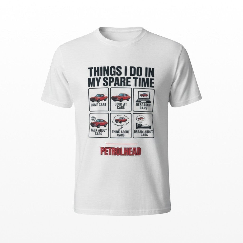 Illustrated Solutions Store white cotton t-shirt featuring a Things I Do In My Spare Time car enthusiast graphic.