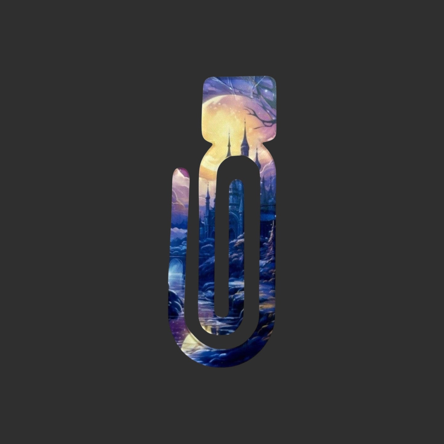 Illustrated Solutions Store acrylic book clip featuring a vibrant night castle scene for readers and book lovers.