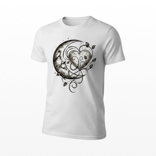 Illustrated Solutions Store white t-shirt with a monochrome celestial heart and moon graphic. Features botanical accents.