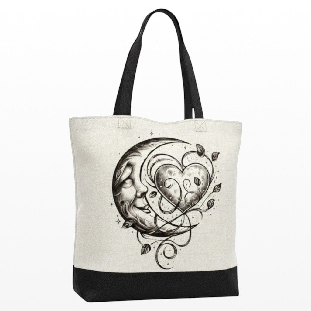 Illustrated Solutions Store canvas tote bag featuring a black celestial moon and heart illustration on cream fabric.