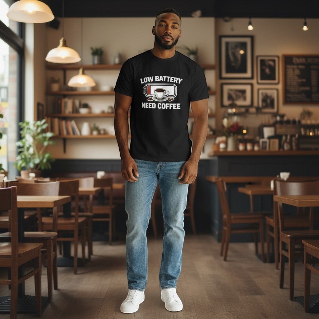 Illustrated Solutions Store black cotton t-shirt with a graphic that reads "LOW BATTERY NEED COFFEE" featuring a coffee cup and beans.