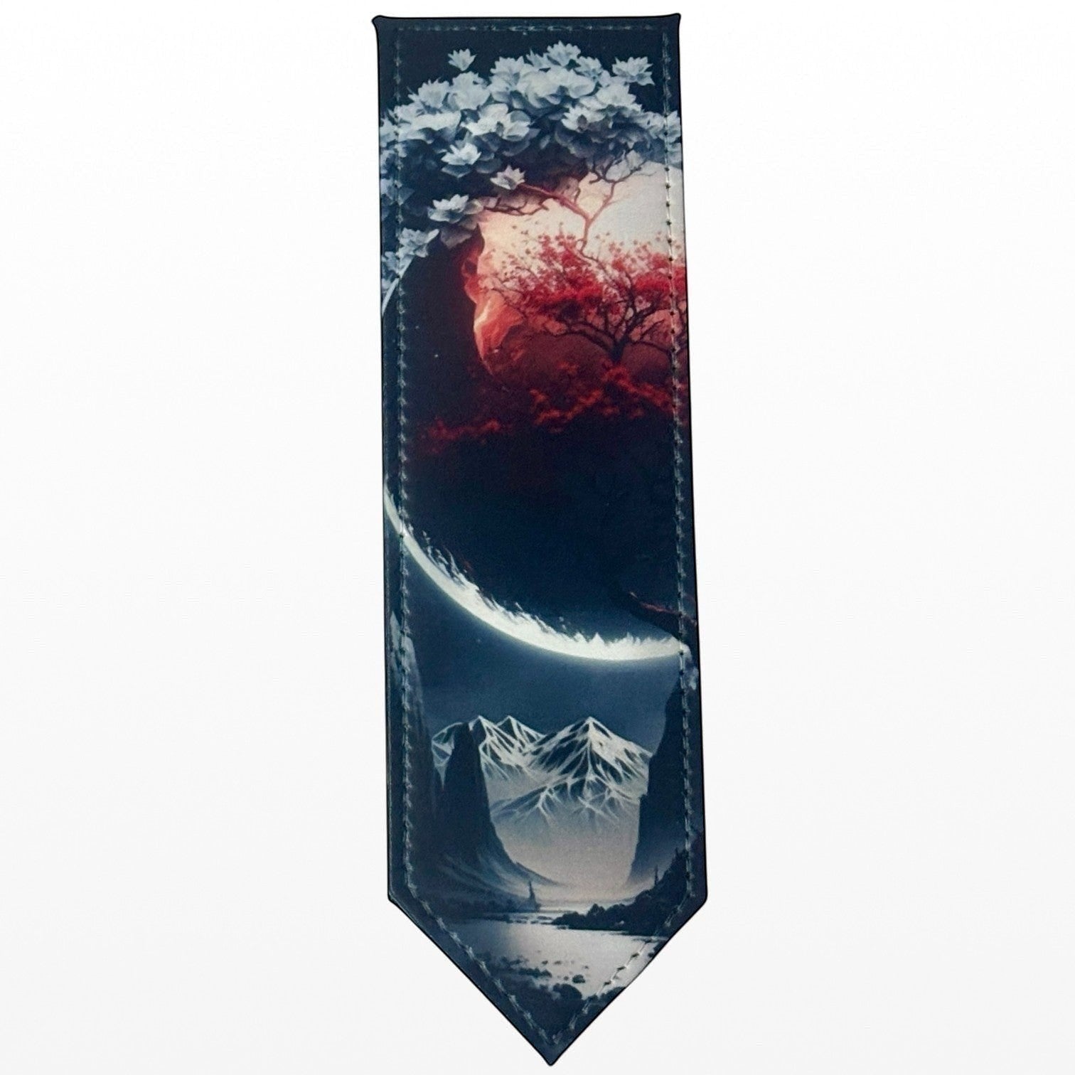 Illustrated Solutions Store crimson moon leather bookmark with mountain landscape and celestial elements.