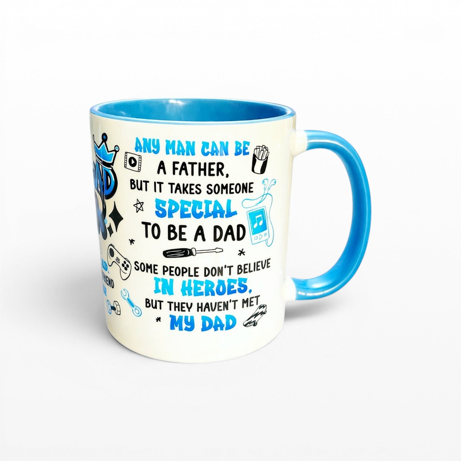 Illustrated Solutions Store white ceramic mug with blue interior and handle, featuring