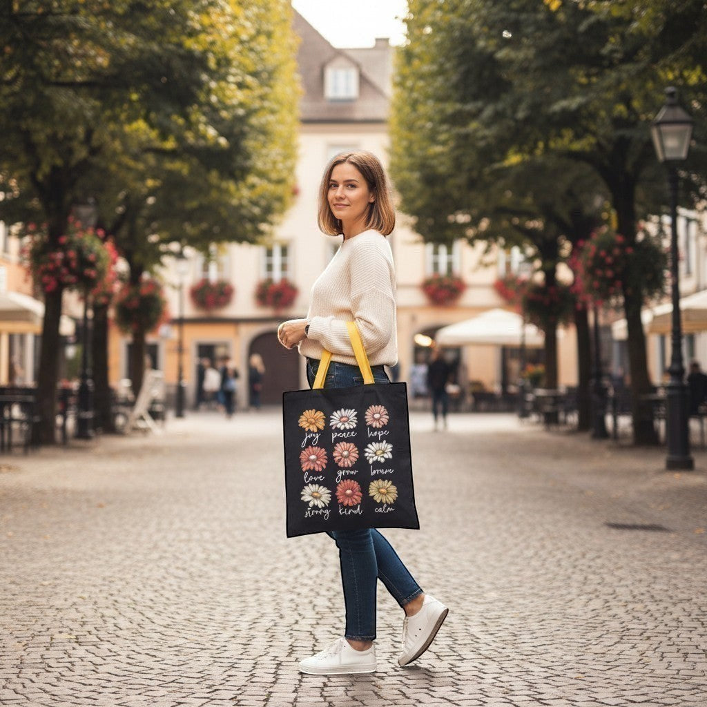 Illustrated Solutions Store black tote bag with daisy affirmations design, featuring words like joy, peace, hope, love, grow, brave, strong, kind, calm.