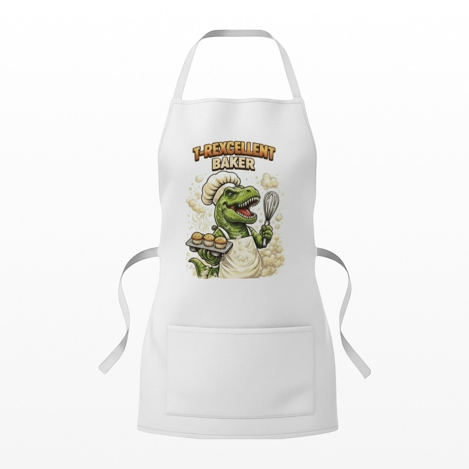 Illustrated Solutions Store cream cooking apron featuring a T-Rex wearing a chef hat and holding a whisk and muffins.