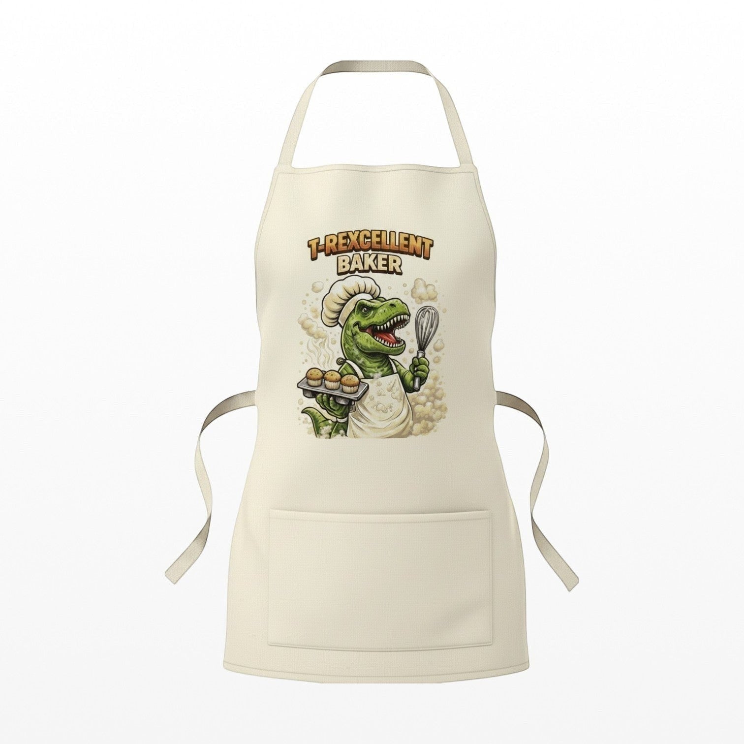 Illustrated Solutions Store cream cooking apron featuring a T-Rex wearing a chef hat and holding a whisk and muffins.