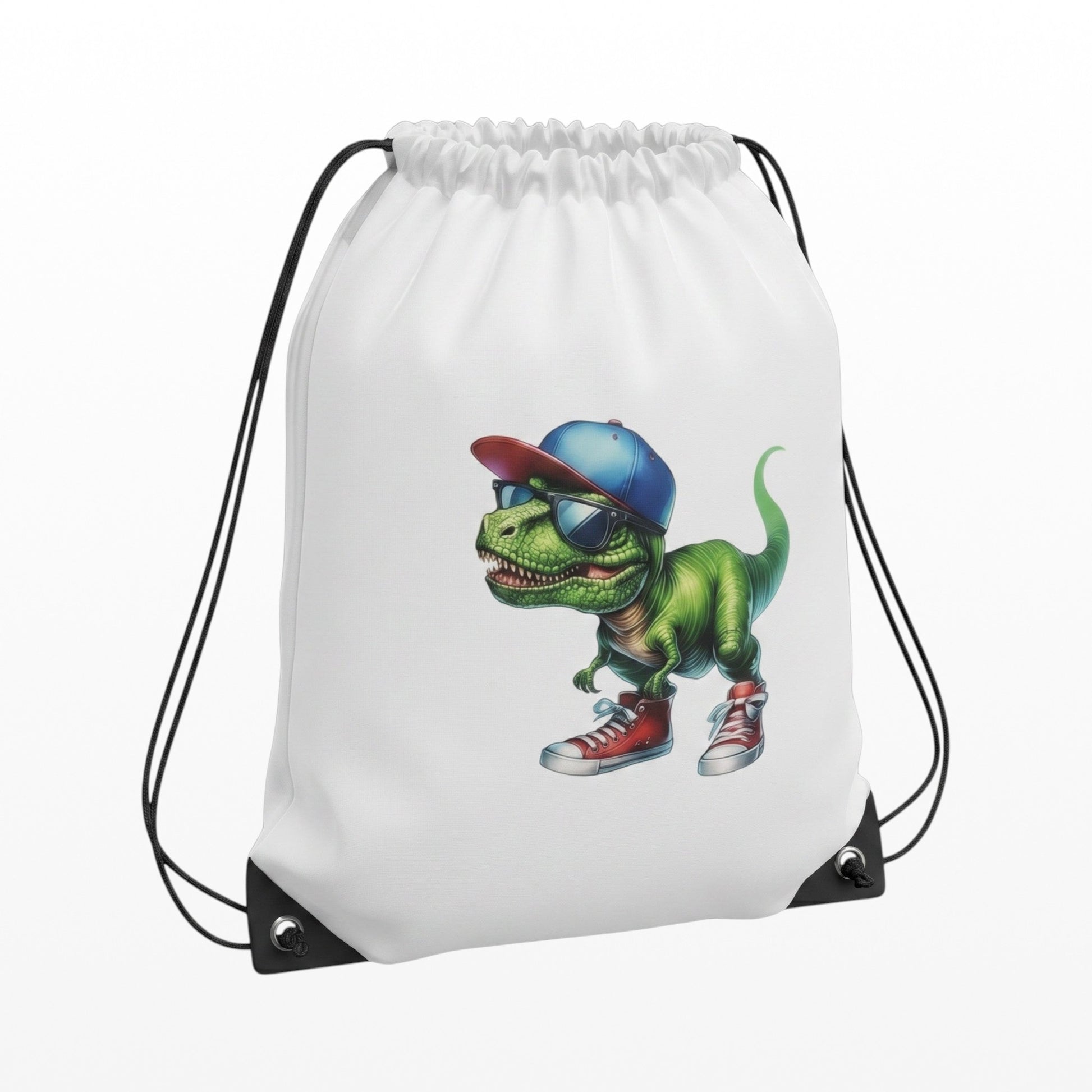 Illustrated Solutions Store white drawstring bag featuring a cool green dinosaur wearing sunglasses, a cap, and sneakers.