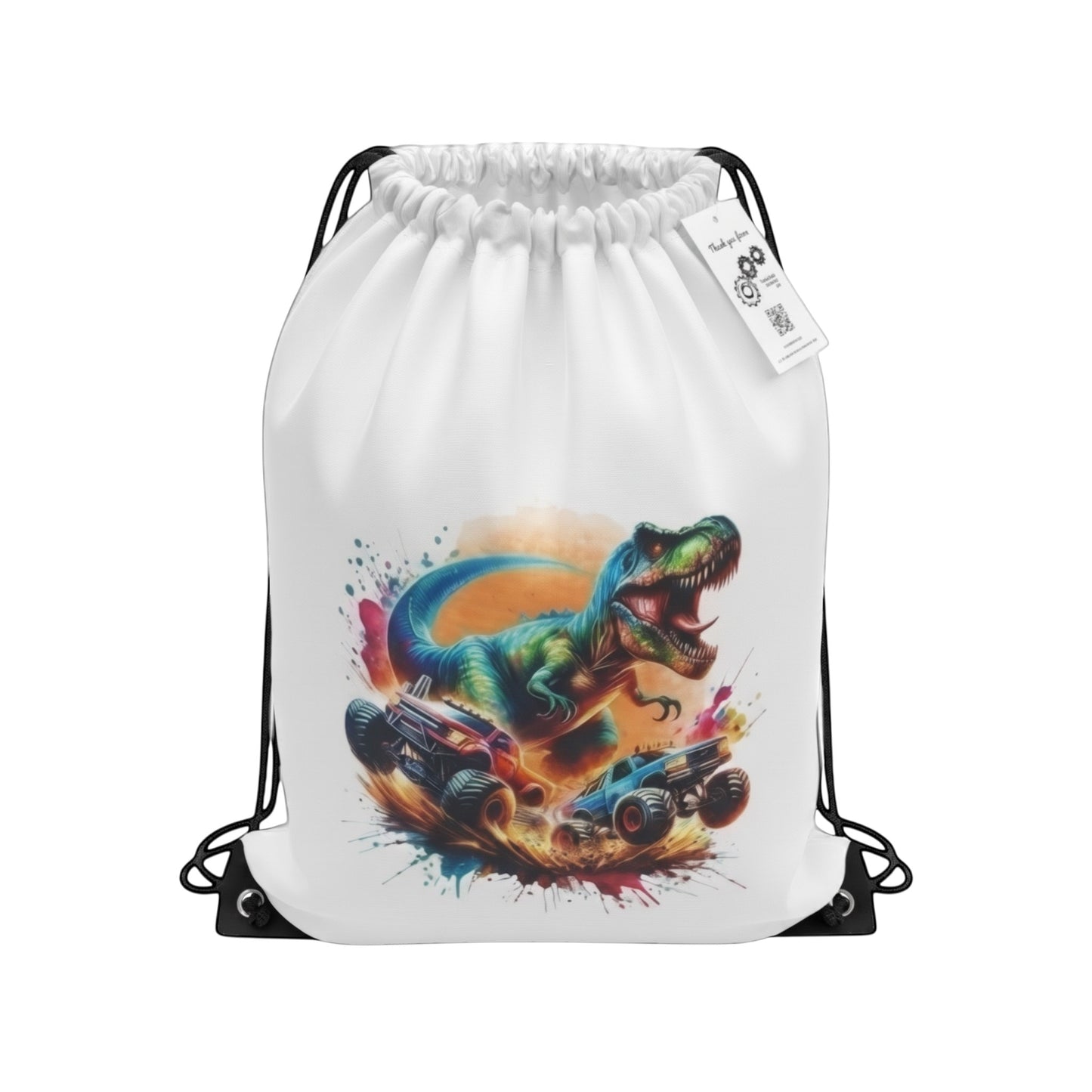 Illustrated Solutions Store white drawstring bag featuring a vibrant T-Rex and monster truck dinosaur design.
