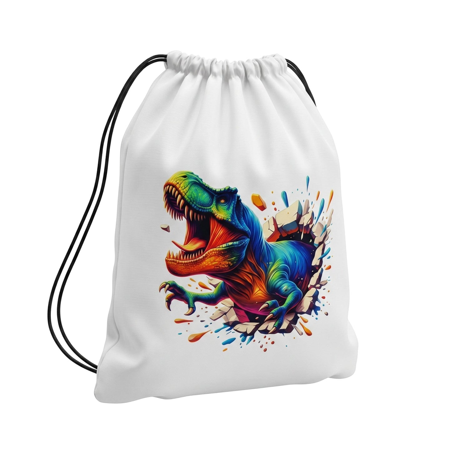 Illustrated Solutions Store white kids drawstring bag featuring a vibrant, colourful T-Rex dinosaur graphic.