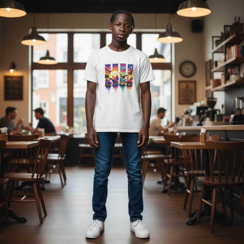 Illustrated Solutions Store white kids t-shirt with a colourful graphic of four vertical panels featuring dinosaurs, palm trees, and a sunset.