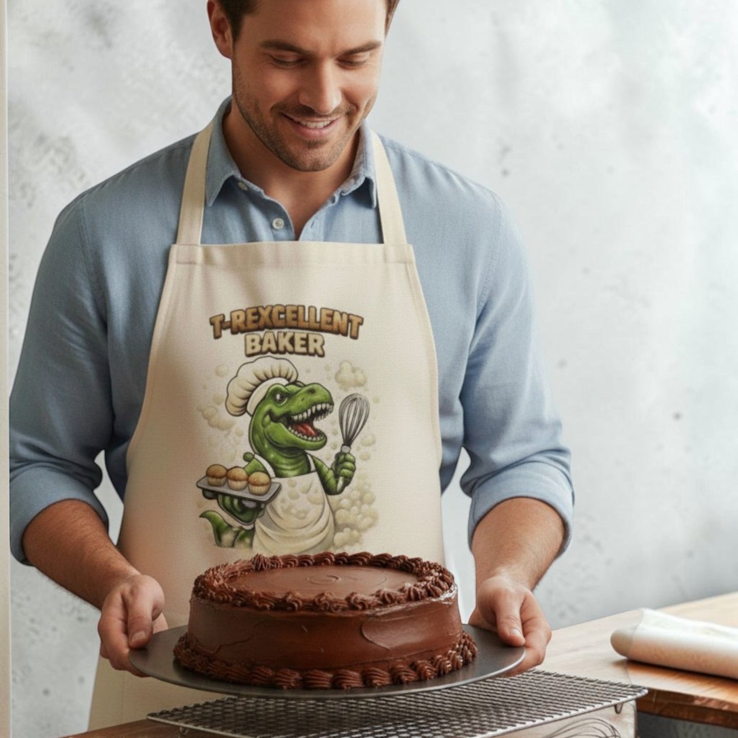 Man wearing Illustrated Solutions Store T-Rexcellent Baker dinosaur vanilla apron while holding a cake.