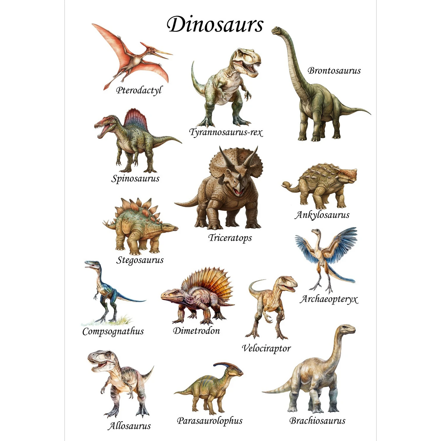 Illustrated Solutions Store vintage-style dinosaur chart poster for kids, featuring Pterodactyl, Tyrannosaurus-rex, Brontosaurus, Spinosaurus, Triceratops, Ankylosaurus, Stegosaurus, Archaeopteryx, Compsognathus, Dimetrodon, Velociraptor, Allosaurus, and Parasaurolophus.