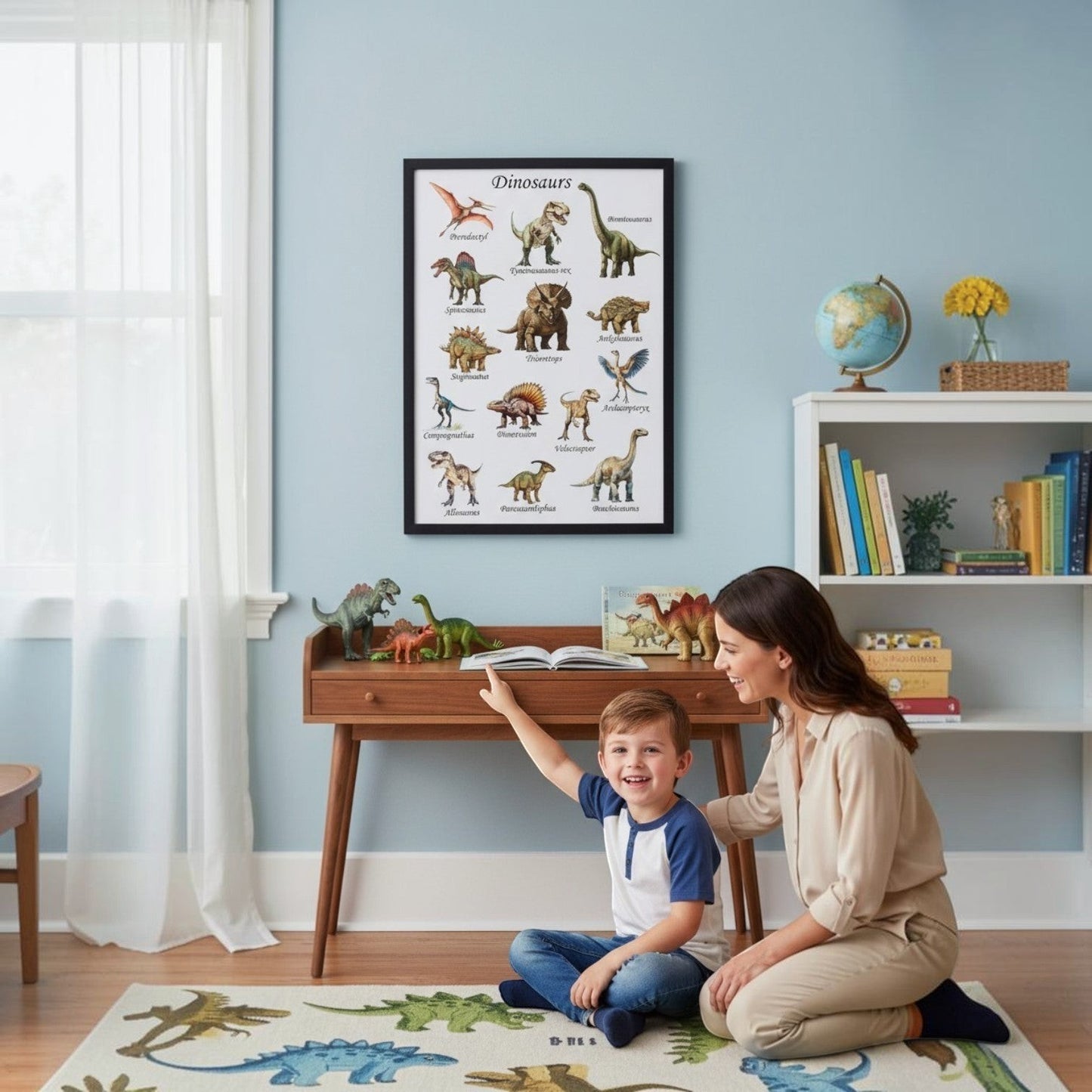 Illustrated Solutions Store dinosaur educational poster featuring vintage-style illustrations of various dinosaurs with their names.